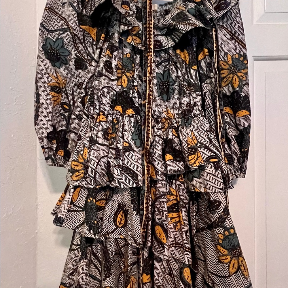 Ulla Johnson Black and Yellow Tiered Sundress with Bishop Sleeves